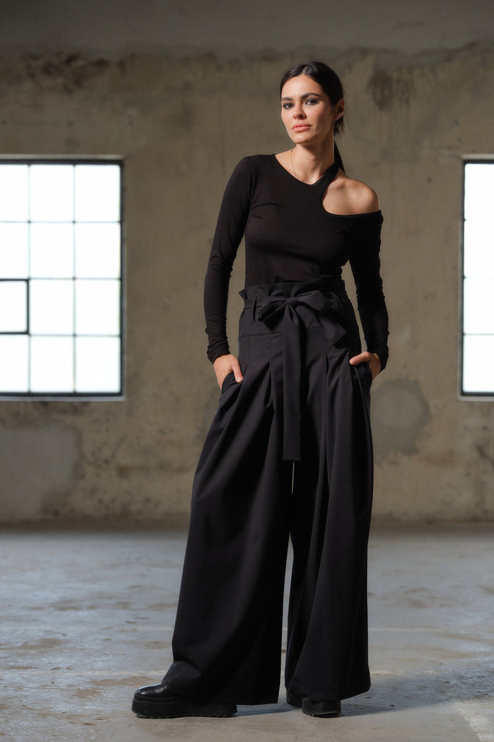 Black wide leg wool palazzo pants women with high waist