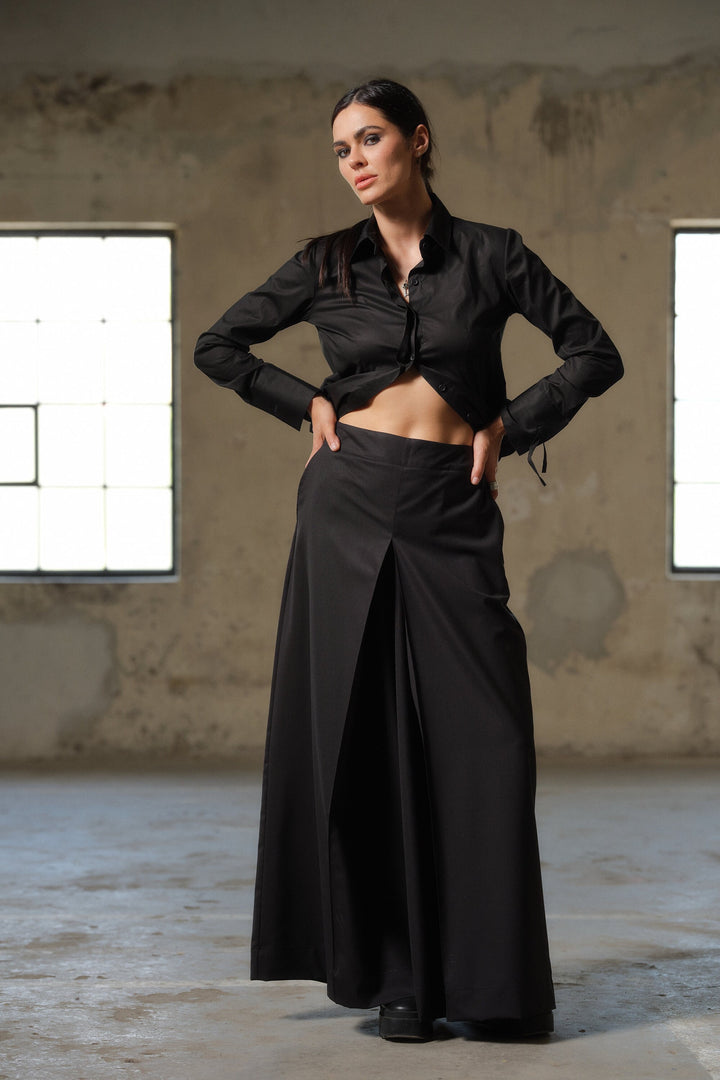 Black wide leg merino wool elegant pants women - plus sizes available